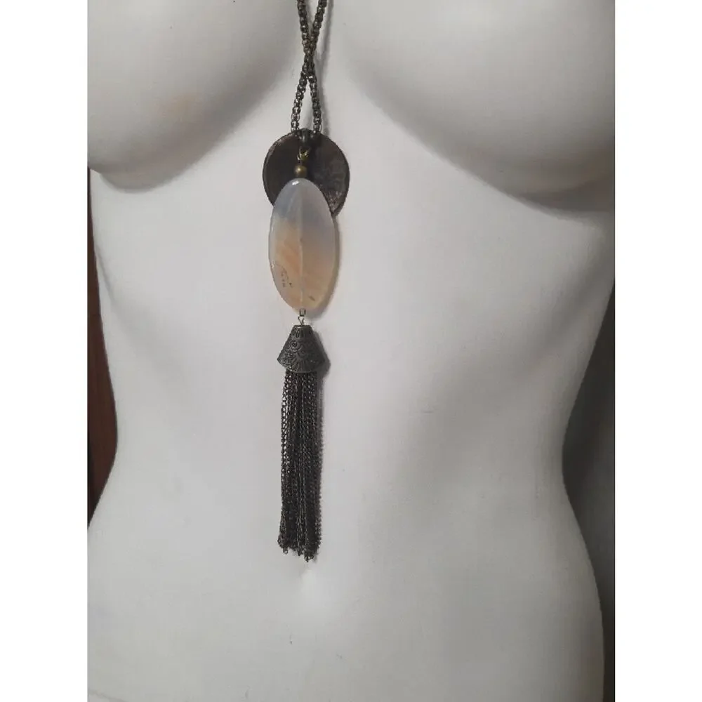 Long Beige Stone Pendant Tassel Necklace - Neutral Boho Style